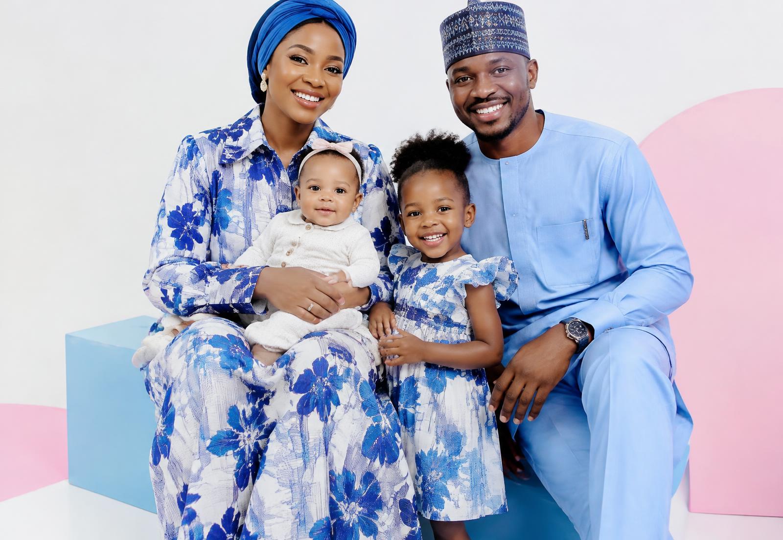 Family dressed in stylish outfits from Piety's Arena